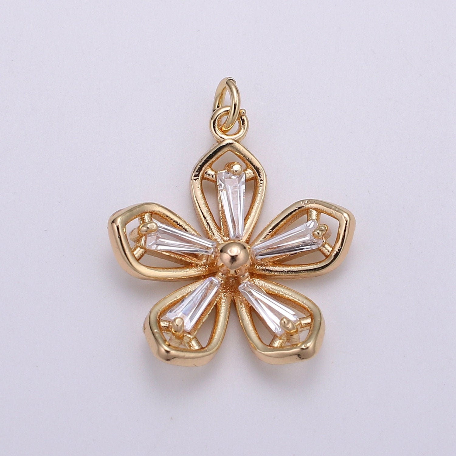 Baguette CZ Jasmine 18K Gold , Daisy Cluster Cubic Charm, Dainty Flower Pendant Dainty Vane Charm for bracelet earring CHGF-2070