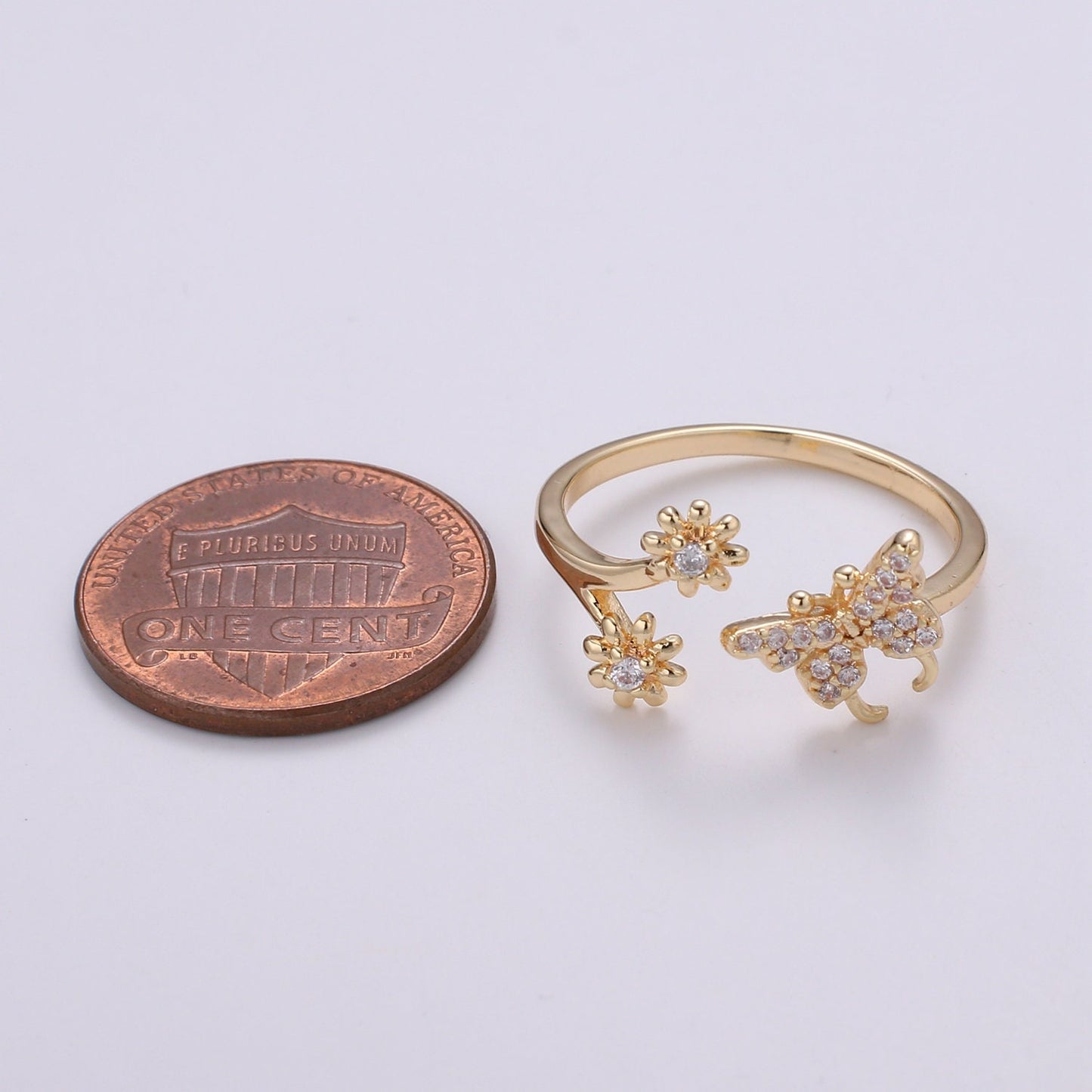 1pc Butterfly 18k Gold Ring, Adjustable Gold Curb Ring, Simple CZ Flower Ring, Garden lover Ring- 271