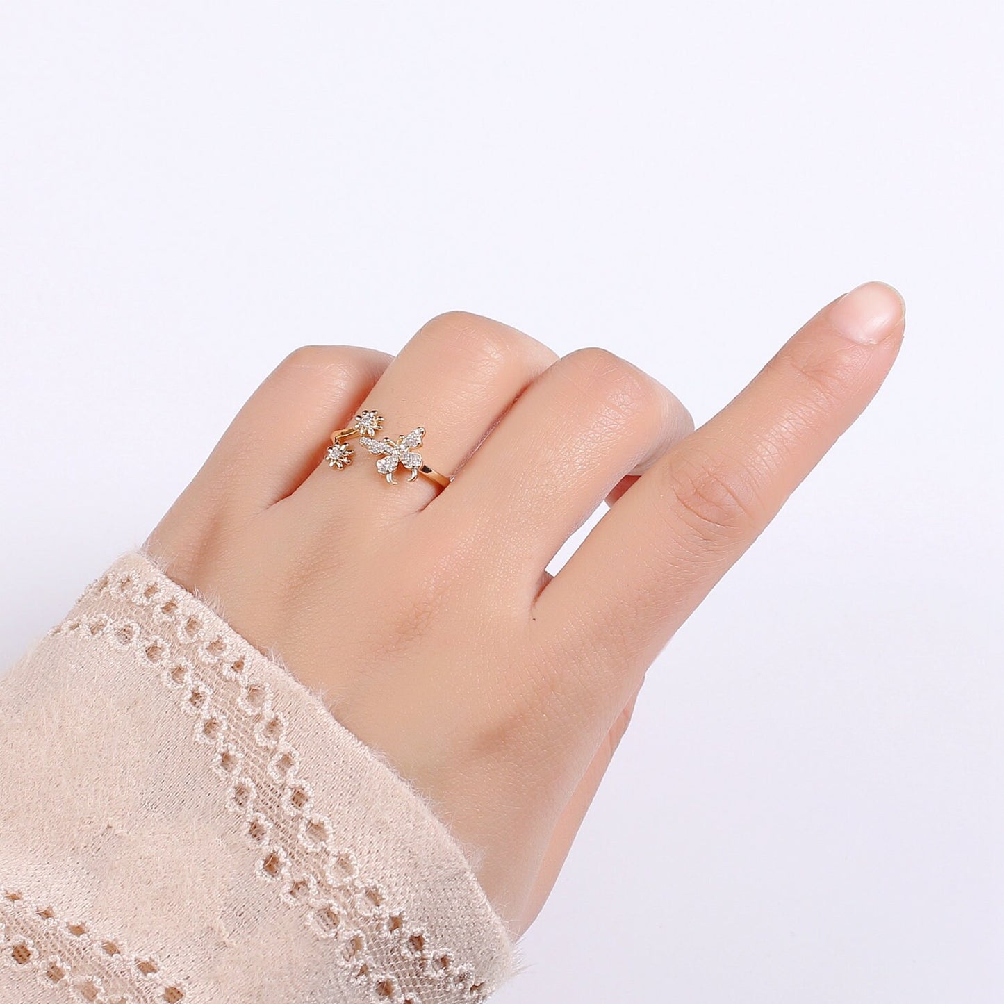 1pc Butterfly 18k Gold Ring, Adjustable Gold Curb Ring, Simple CZ Flower Ring, Garden lover Ring- 271