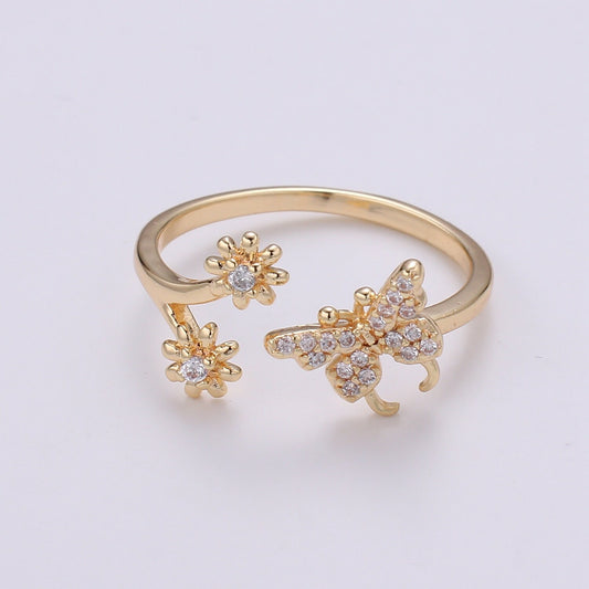 1pc Butterfly 18k Gold Ring, Adjustable Gold Curb Ring, Simple CZ Flower Ring, Garden lover Ring- 271