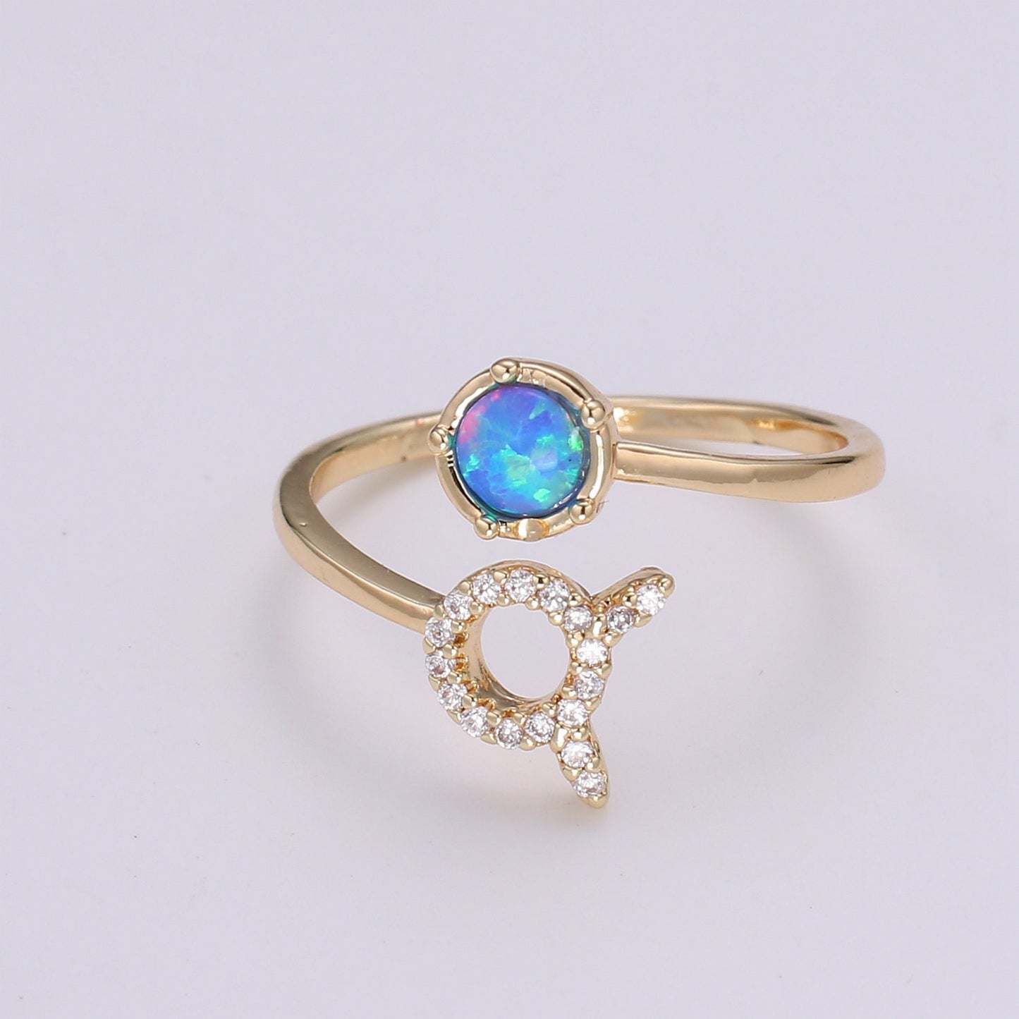 1pc Blue Lab Opal Ring Zodiac Aries, Taurus, Gemini, Cancer, Leo, Virgo 18k Gold Ring, Adjustable CZ Gold Simple Ring, ZODIAC-023
