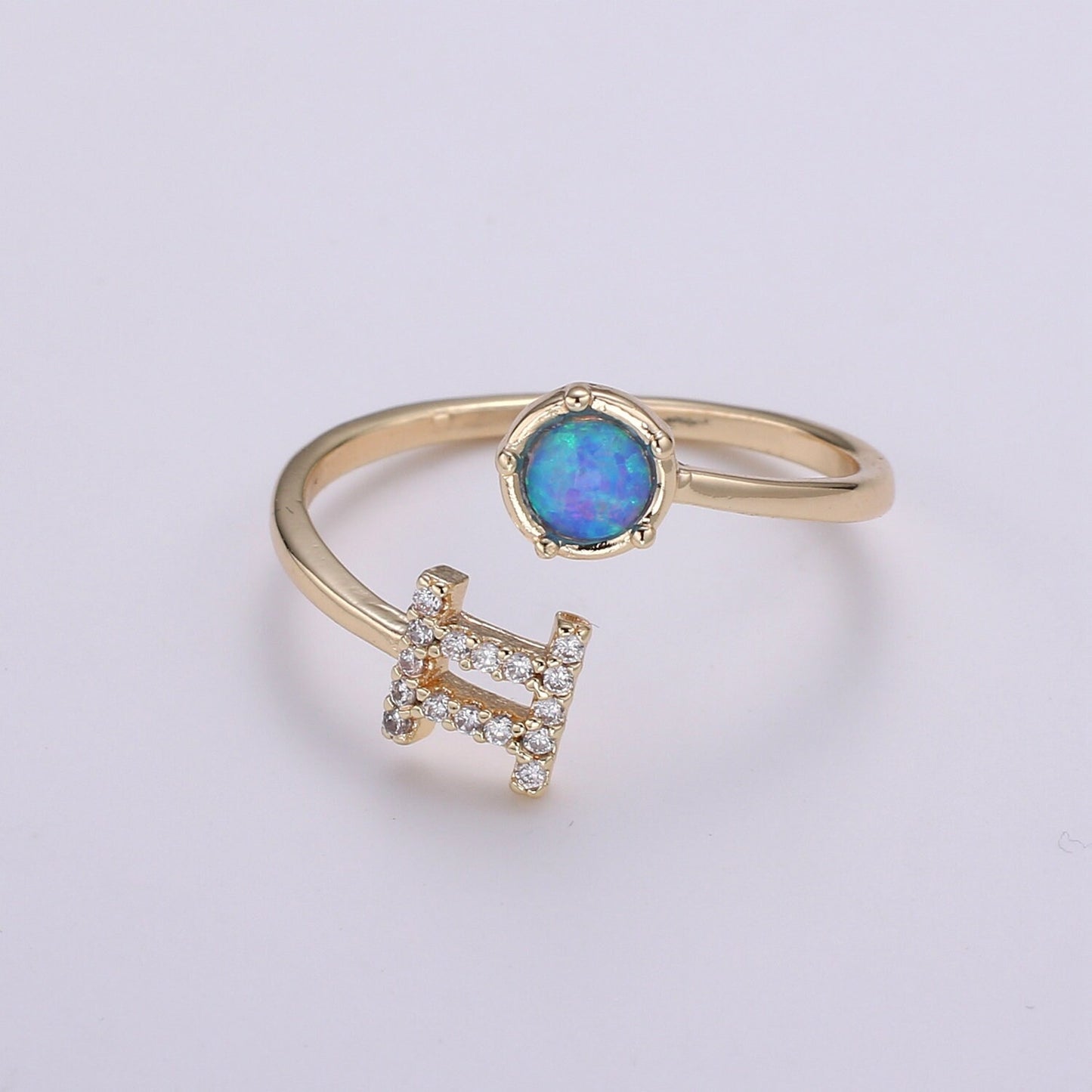1pc Blue Lab Opal Ring Zodiac Aries, Taurus, Gemini, Cancer, Leo, Virgo 18k Gold Ring, Adjustable CZ Gold Simple Ring, ZODIAC-023