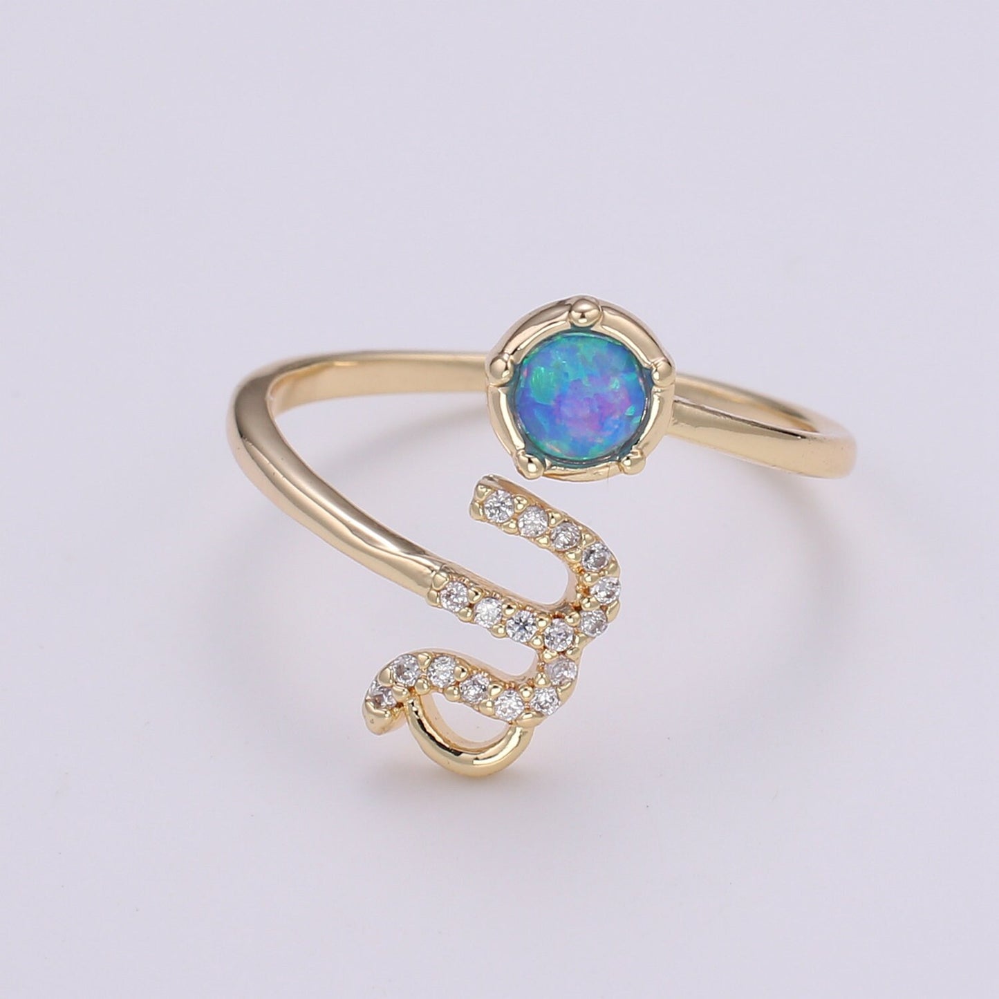 1pc Blue Lab Opal Ring Zodiac Aries, Taurus, Gemini, Cancer, Leo, Virgo 18k Gold Ring, Adjustable CZ Gold Simple Ring, ZODIAC-023