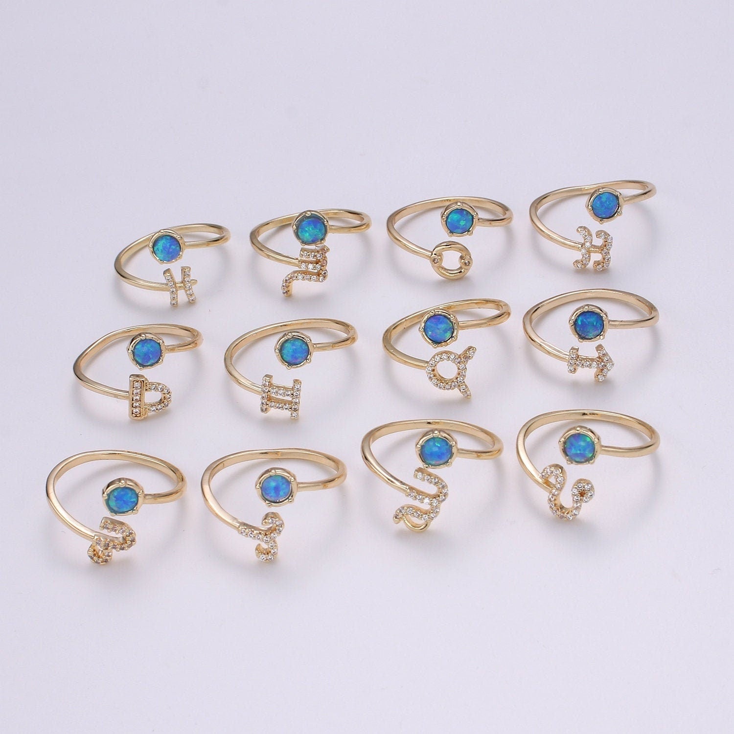 1pc Blue Lab Opal Ring Zodiac Aries, Taurus, Gemini, Cancer, Leo, Virgo 18k Gold Ring, Adjustable CZ Gold Simple Ring, ZODIAC-023