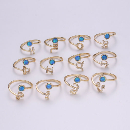 1pc Blue Lab Opal Ring Zodiac Aries, Taurus, Gemini, Cancer, Leo, Virgo 18k Gold Ring, Adjustable CZ Gold Simple Ring, ZODIAC-023
