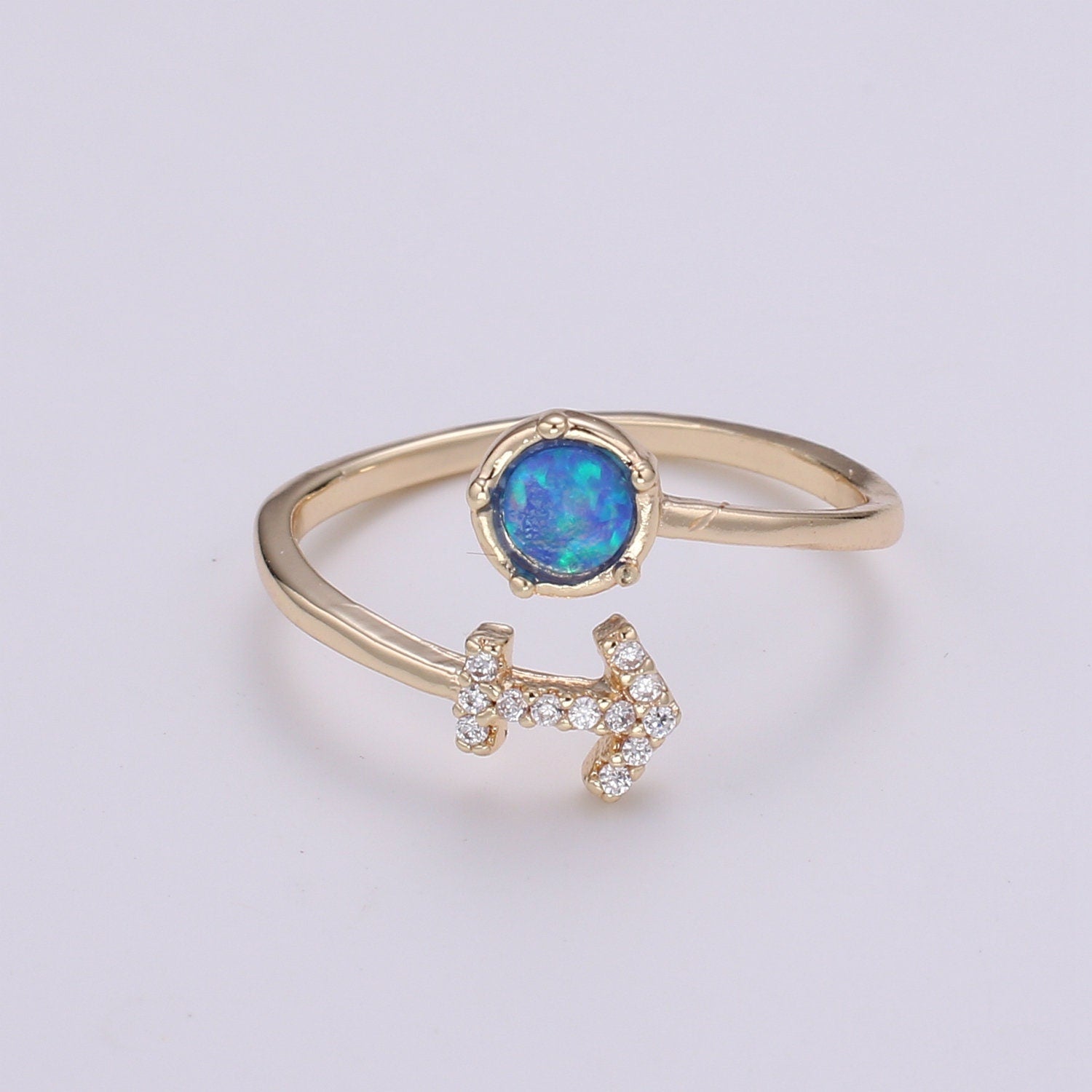 1pc Blue Lab Opal Ring Zodiac Libra, Scorpio,Sagitarius, Capricorn, Aquarius, Pisces 18k Gold Ring, Adjustable CZ Gold Simple Ring 23