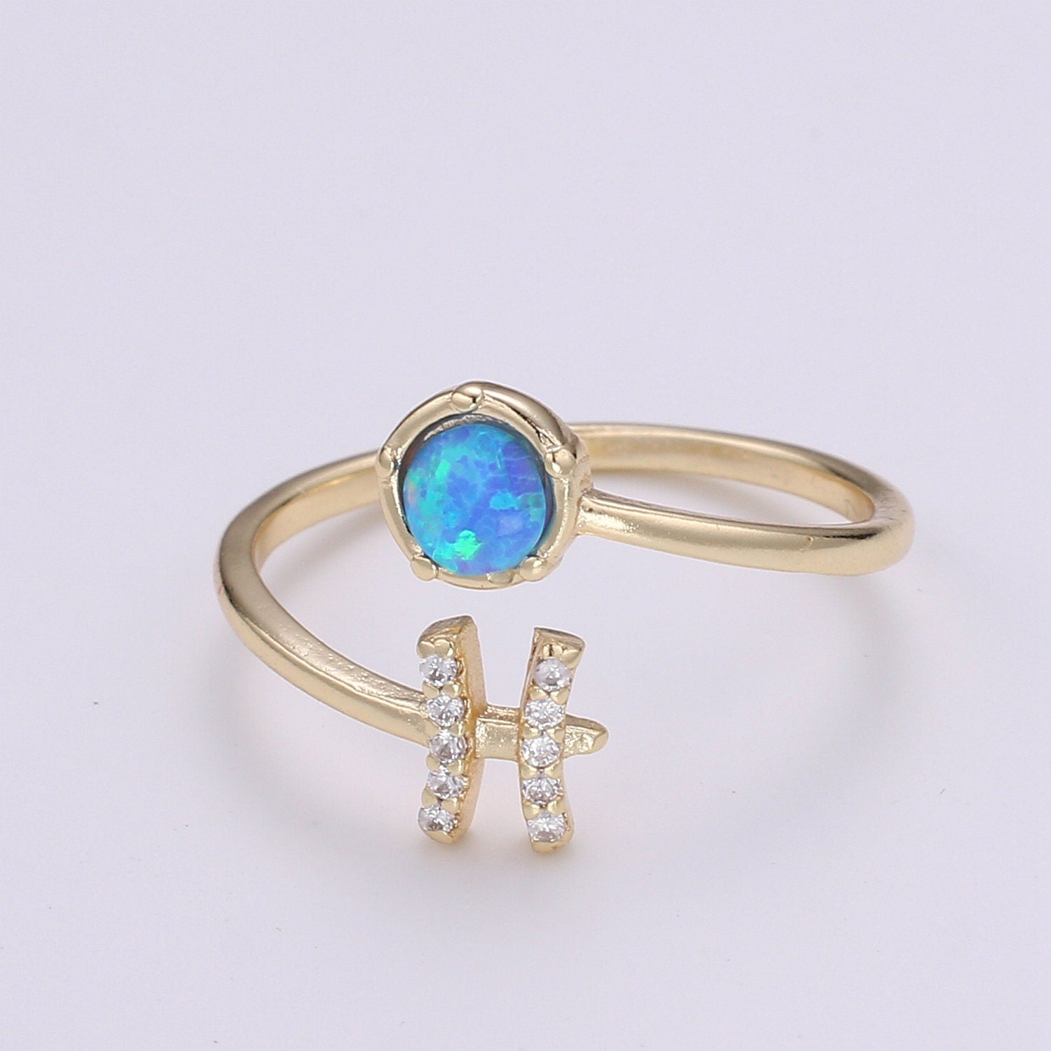 1pc Blue Lab Opal Ring Zodiac Libra, Scorpio,Sagitarius, Capricorn, Aquarius, Pisces 18k Gold Ring, Adjustable CZ Gold Simple Ring 23