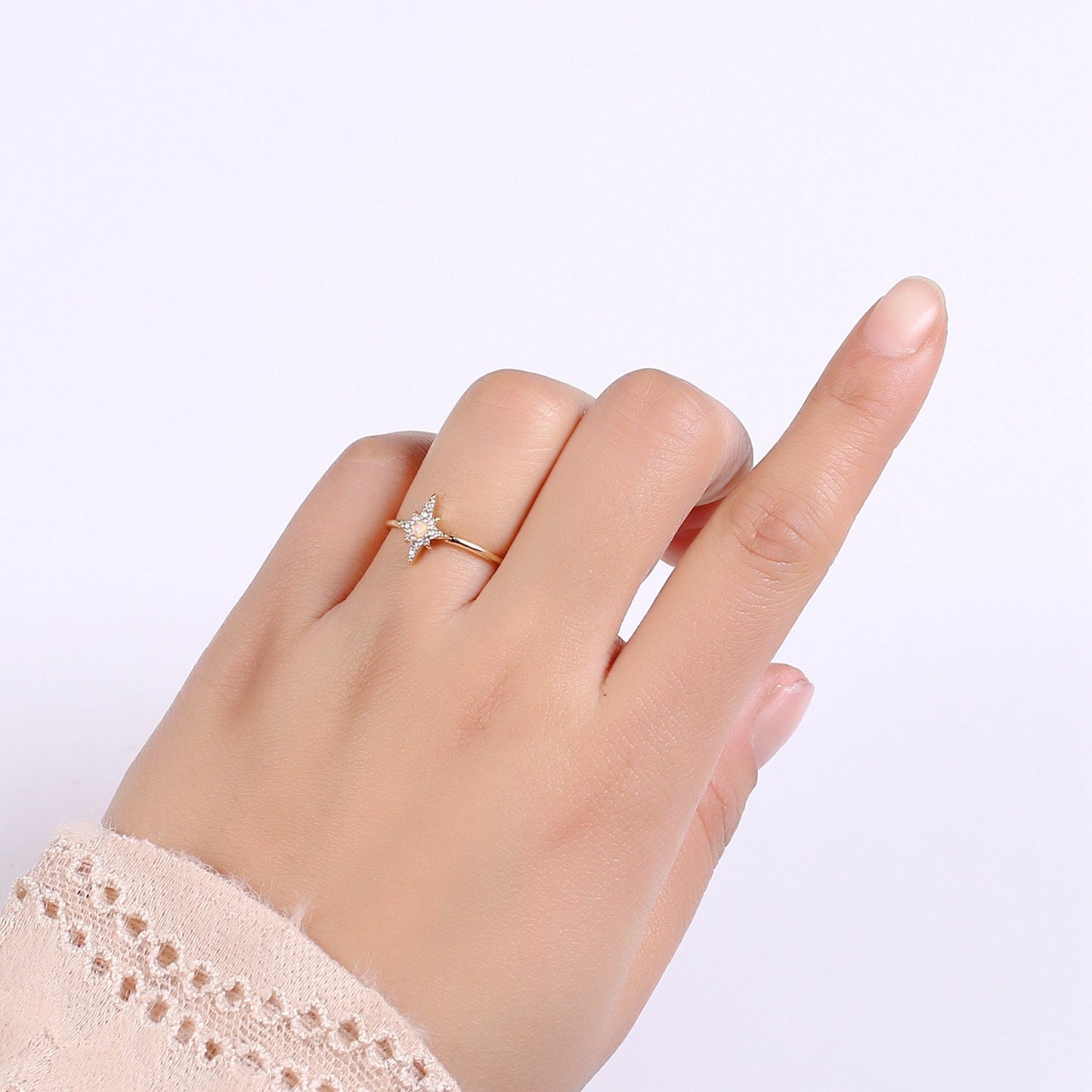 1pc Arion Star Pave Dainty CZ 18k Gold Ring, Adjustable Gold Curb Ring,Lab Opal Simple Ring, Clear Cubic Zirconia Ring- 248