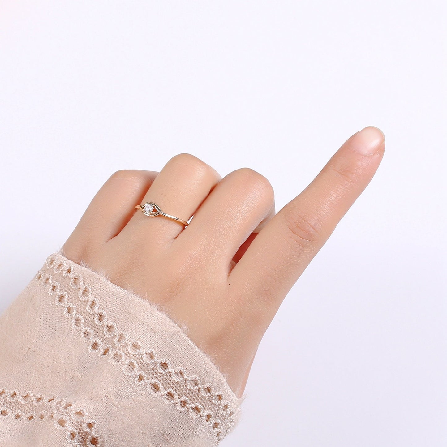 1pc Solitaire CZ 18k Gold Ring, Adjustable Gold Curb Ring, Simple Ring, Clear Cubic Zirconia Ring- 269