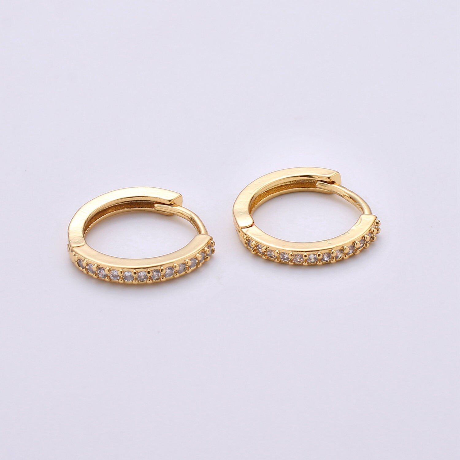 1 pair Gold Huggie Earrings, 14mm Diamond Cubic Zirconia Pave Hoop Earrings, Huggie Hoop Earring, Hoop Gift Idea for her Q-501