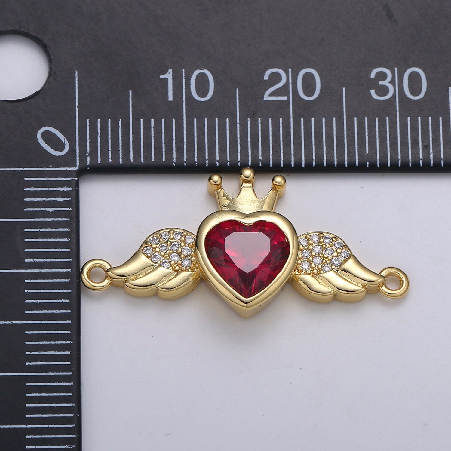 1pc Heart Solitaire CZ 24K Gold Connector, Angel Adjustable Gold Connector, Wings, Red & Pink Cubic Zirconia Connector- COGF-631, 632
