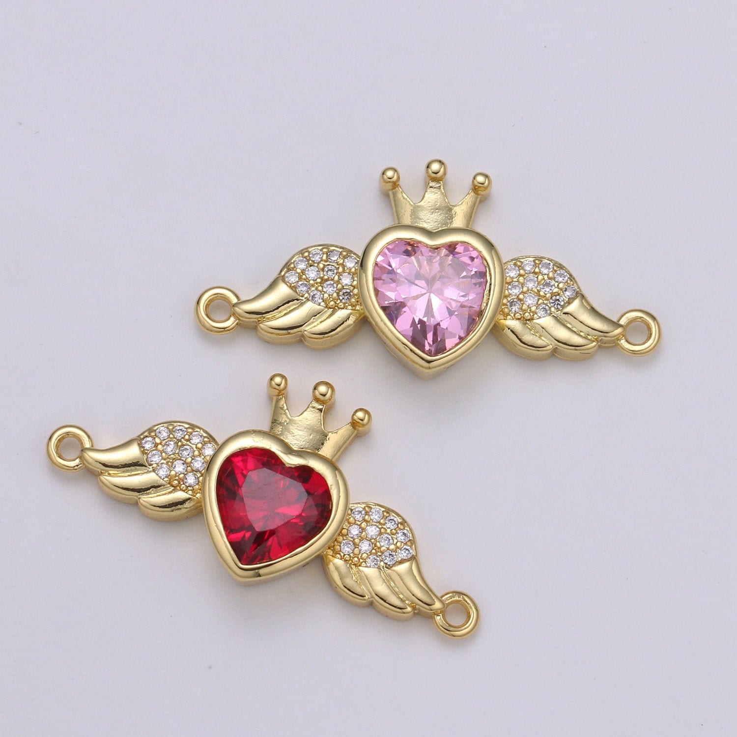 1pc Heart Solitaire CZ 24K Gold Connector, Angel Adjustable Gold Connector, Wings, Red & Pink Cubic Zirconia Connector- COGF-631, 632