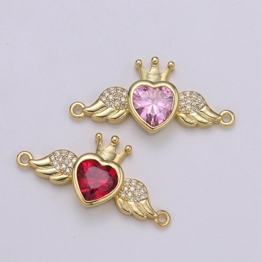 1pc Heart Solitaire CZ 24K Gold Connector, Angel Adjustable Gold Connector, Wings, Red & Pink Cubic Zirconia Connector- COGF-631, 632