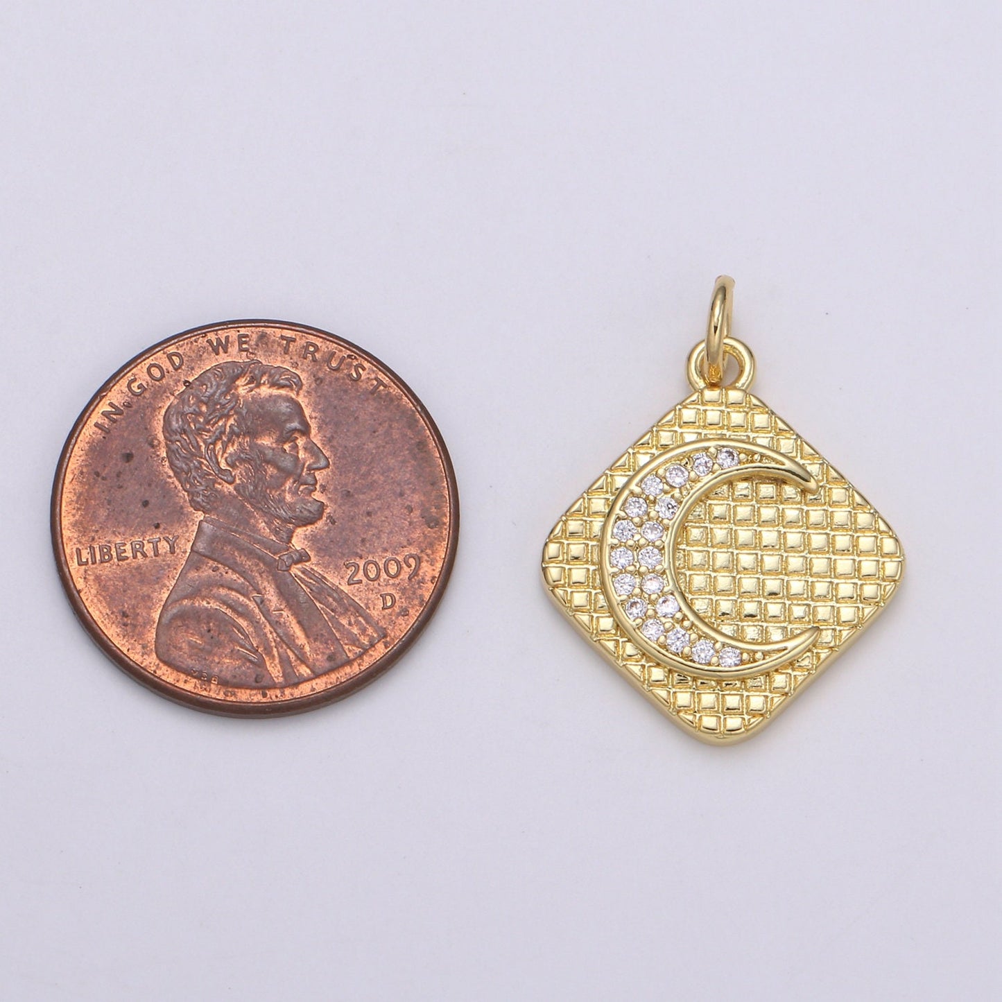 24K Gold Micro Pave Crescent Moon Charm Cubic Zirconia C initial Pendant Charm Square Plate CZ simple Charm, CHGF-2114