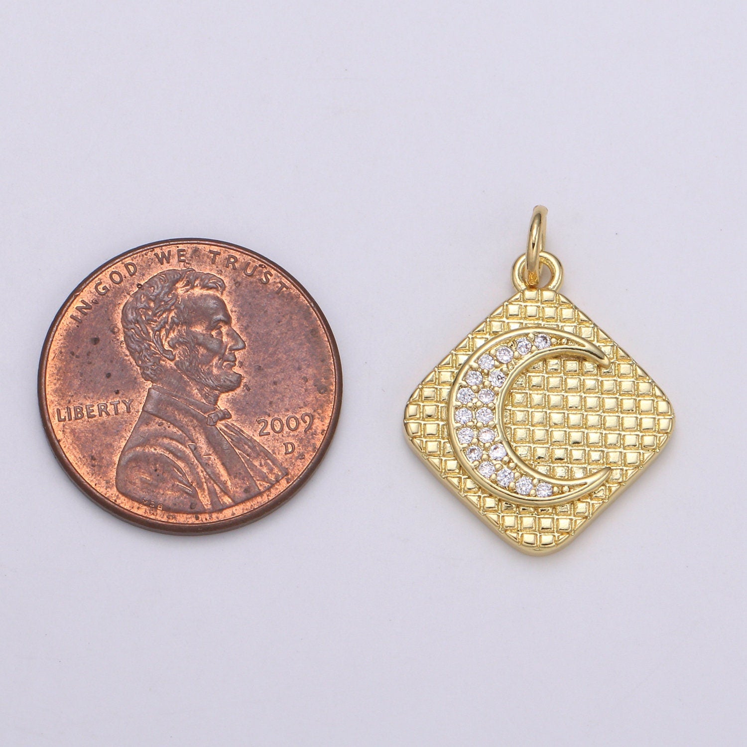 24K Gold Micro Pave Crescent Moon Charm Cubic Zirconia C initial Pendant Charm Square Plate CZ simple Charm, CHGF-2114