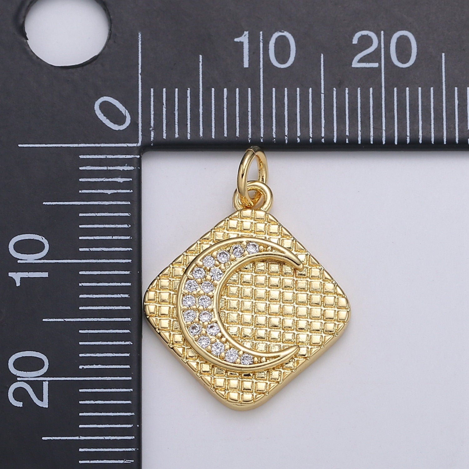 24K Gold Micro Pave Crescent Moon Charm Cubic Zirconia C initial Pendant Charm Square Plate CZ simple Charm, CHGF-2114