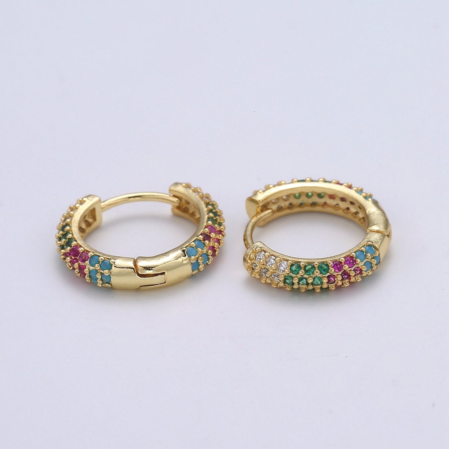 1 pair Hoops - Black,Blue,Clear,Red,Green,Multi-color Zirconia or Teal Gold CZ earrings - 24K Gold Huggie hoops EARRING-1412 - 1418