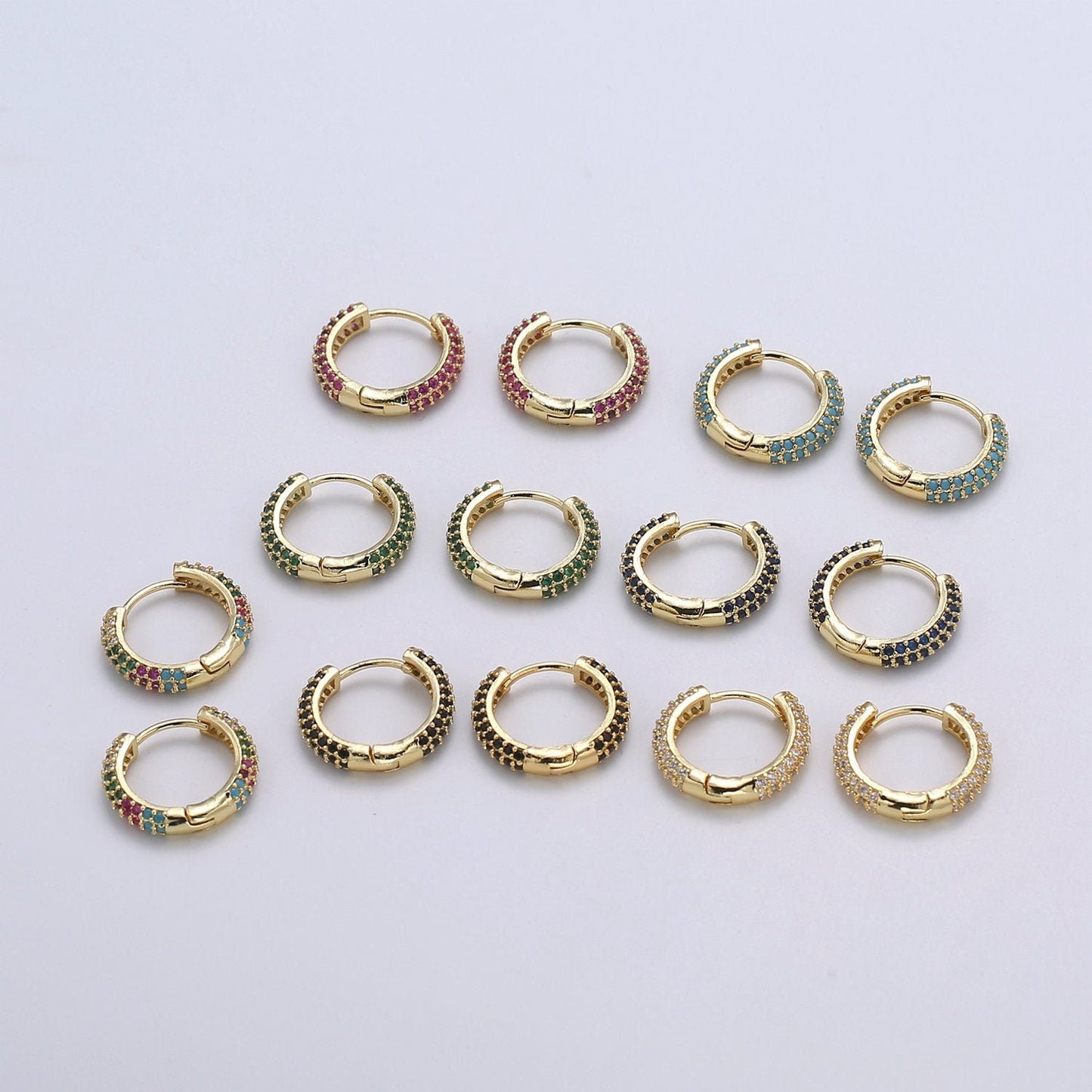 1 pair Hoops - Black,Blue,Clear,Red,Green,Multi-color Zirconia or Teal Gold CZ earrings - 24K Gold Huggie hoops EARRING-1412 - 1418