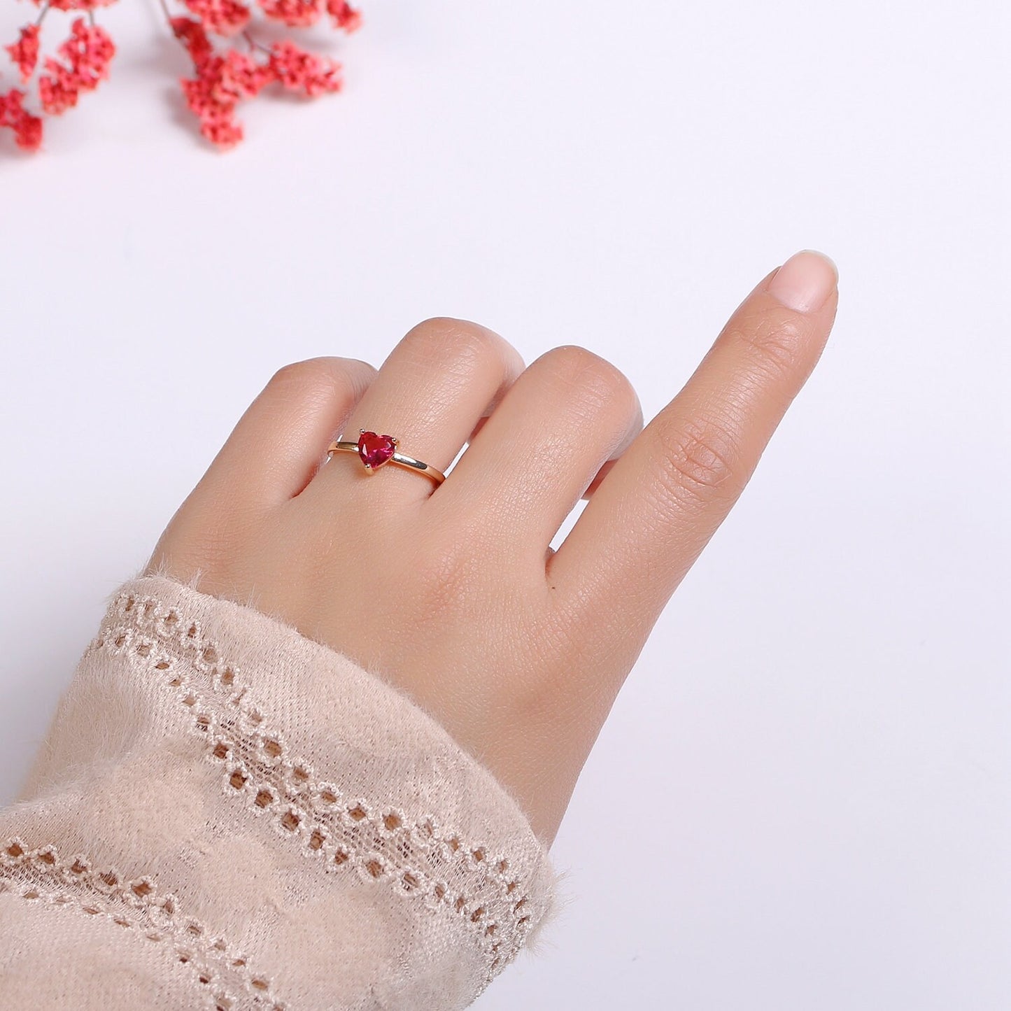 1pc 18k Gold Red Cubic Heart Ring, 19x21mm Love Micro Pave CZ Pendant Charm, For DIY Jewelry RING-305
