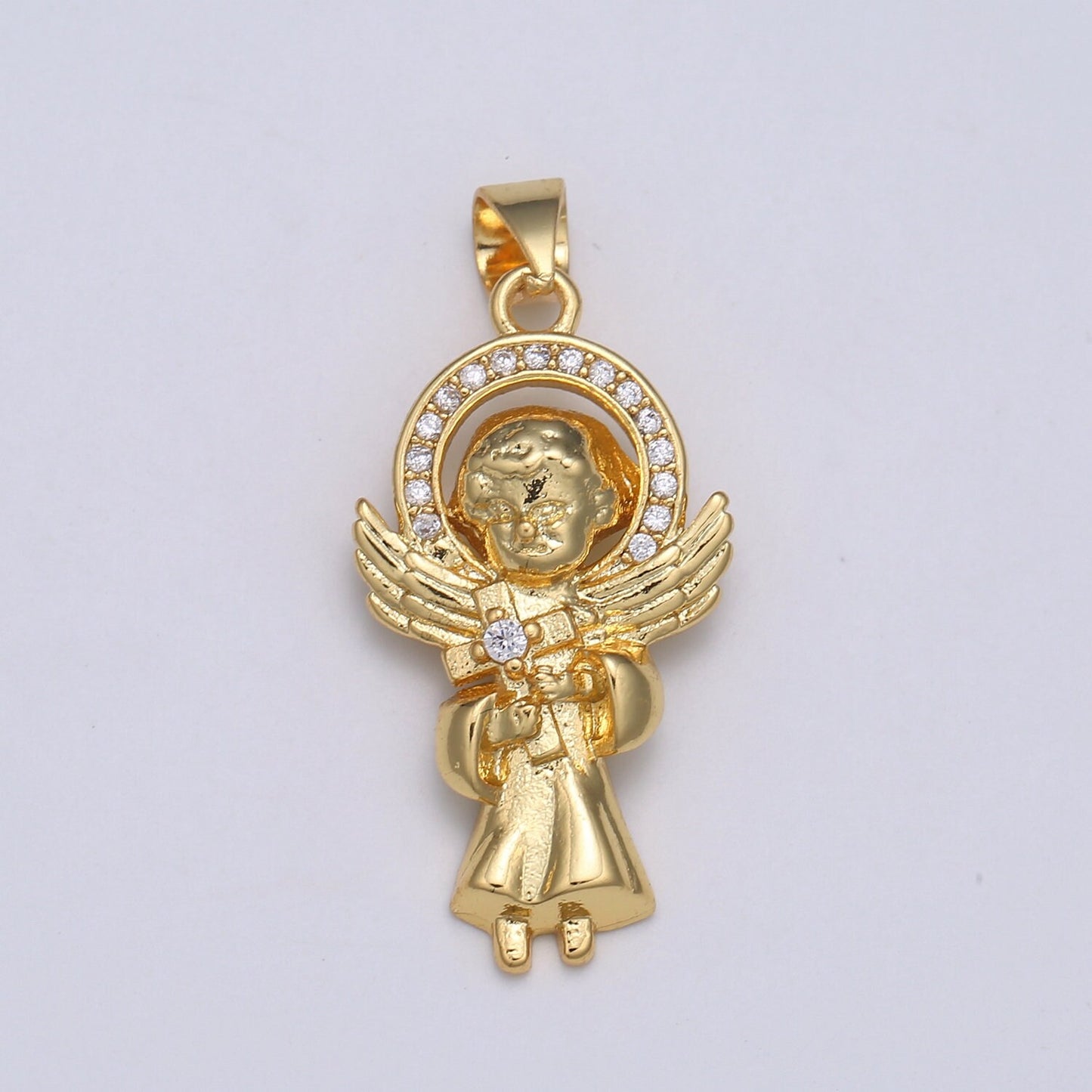 14K Gold Angel Charm for Necklace Pendant Micro Pave Little Boy With Cross for Catholic First communion, Baptism, Easter Gift Idea