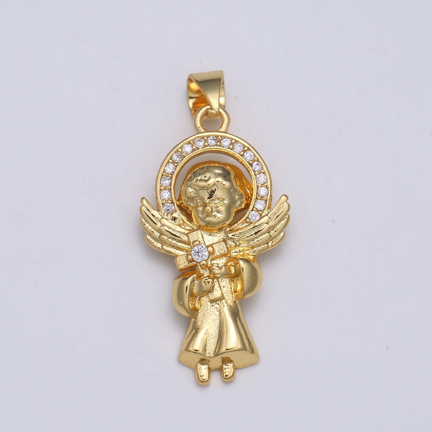 14K Gold Angel Charm for Necklace Pendant Micro Pave Little Boy With Cross for Catholic First communion, Baptism, Easter Gift Idea