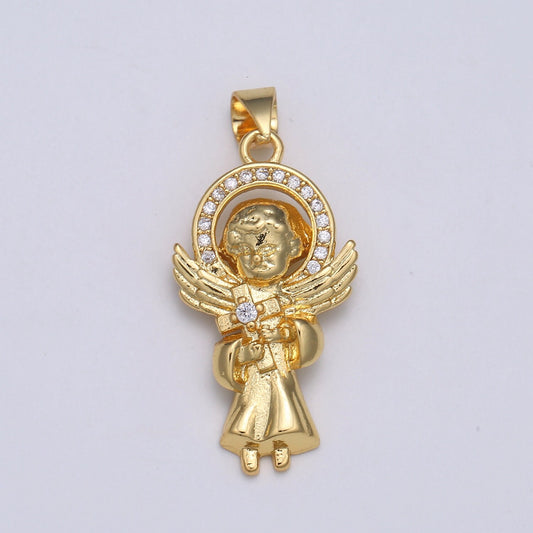 14K Gold Angel Charm for Necklace Pendant Micro Pave Little Boy With Cross for Catholic First communion, Baptism, Easter Gift Idea