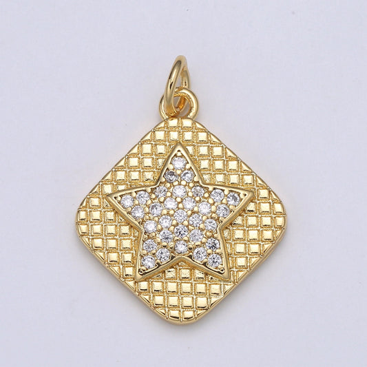 24K Gold Micro Pave Star Charm Cubic Zirconia Celestial Pendant Charm Rhombus Tag CZ simple Charm, CHGF-2106