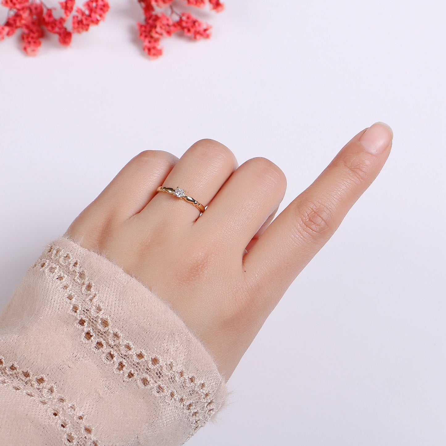 1pc Solitaire CZ 18k Gold Ring, Lone Cubic Adjustable Gold Ring, Simple Ring,Clear Cubic Zirconia Ring- 304
