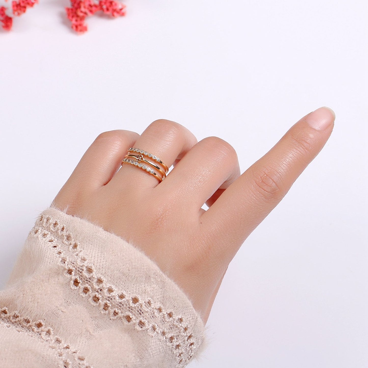 1pc Daisy Pave 18k Gold Ring, Adjustable Gold Curb Ring, Simple double rows of Flower Ring, Bouquete Sun Flower Ring- 308