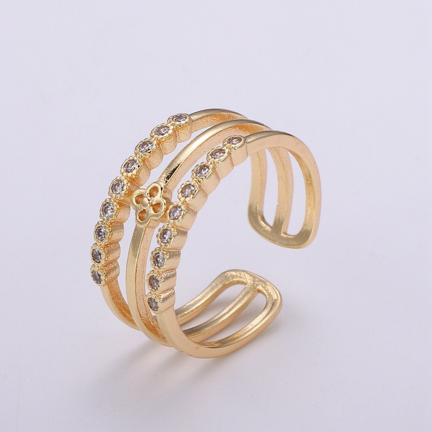 1pc Daisy Pave 18k Gold Ring, Adjustable Gold Curb Ring, Simple double rows of Flower Ring, Bouquete Sun Flower Ring- 308