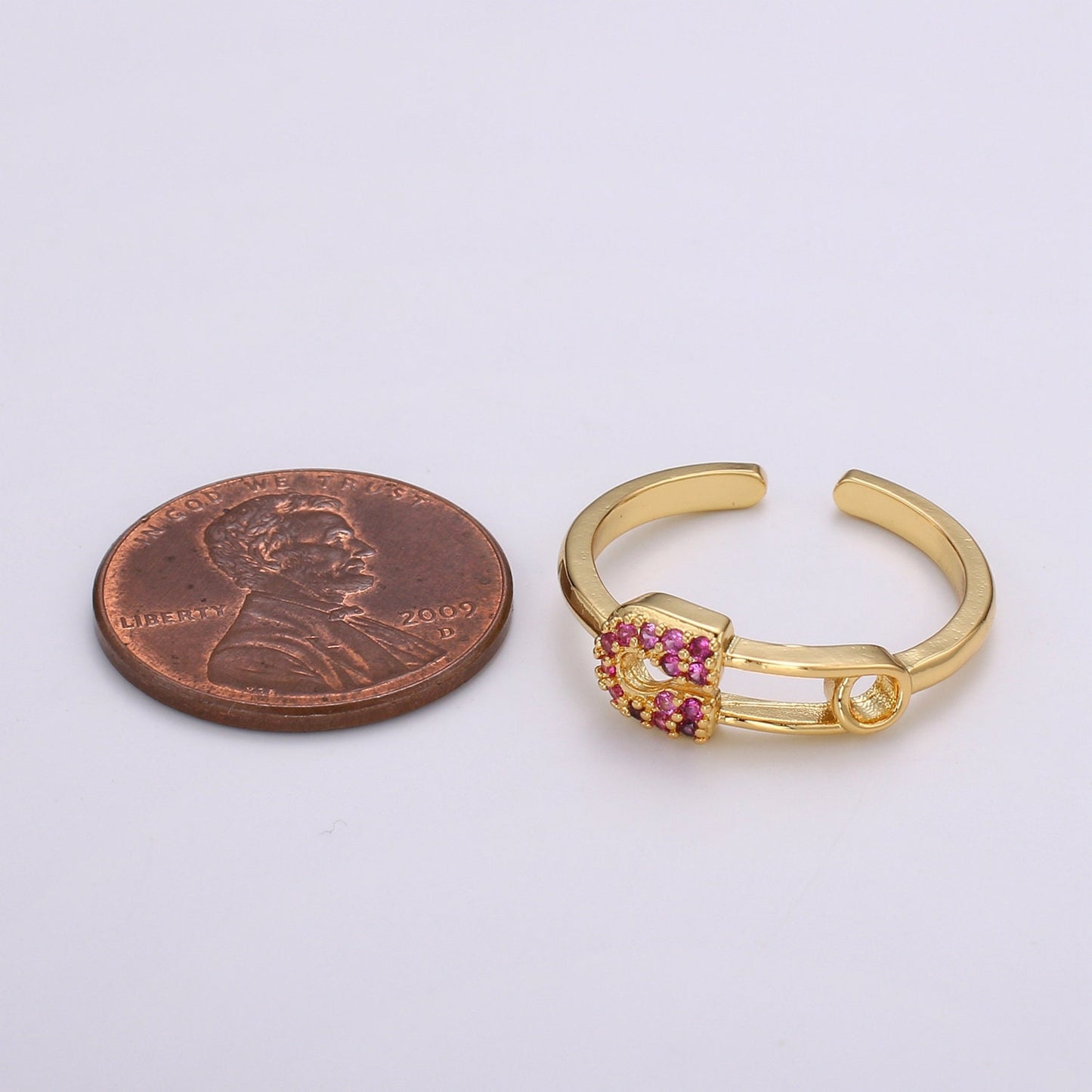 1pc Red Ruby CZ Pin 24k Gold Ring, Safety Pin Cubic Adjustable Gold Curb Ring, Simple Ring, Red Cubic Zirconia Ring- 312
