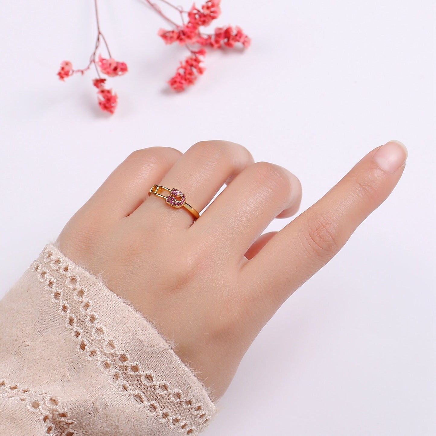 1pc Red Ruby CZ Pin 24k Gold Ring, Safety Pin Cubic Adjustable Gold Curb Ring, Simple Ring, Red Cubic Zirconia Ring- 312