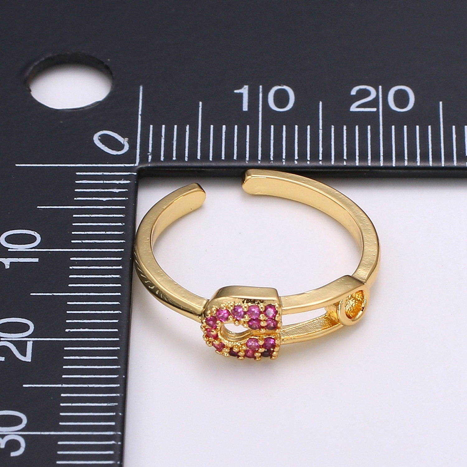 1pc Red Ruby CZ Pin 24k Gold Ring, Safety Pin Cubic Adjustable Gold Curb Ring, Simple Ring, Red Cubic Zirconia Ring- 312