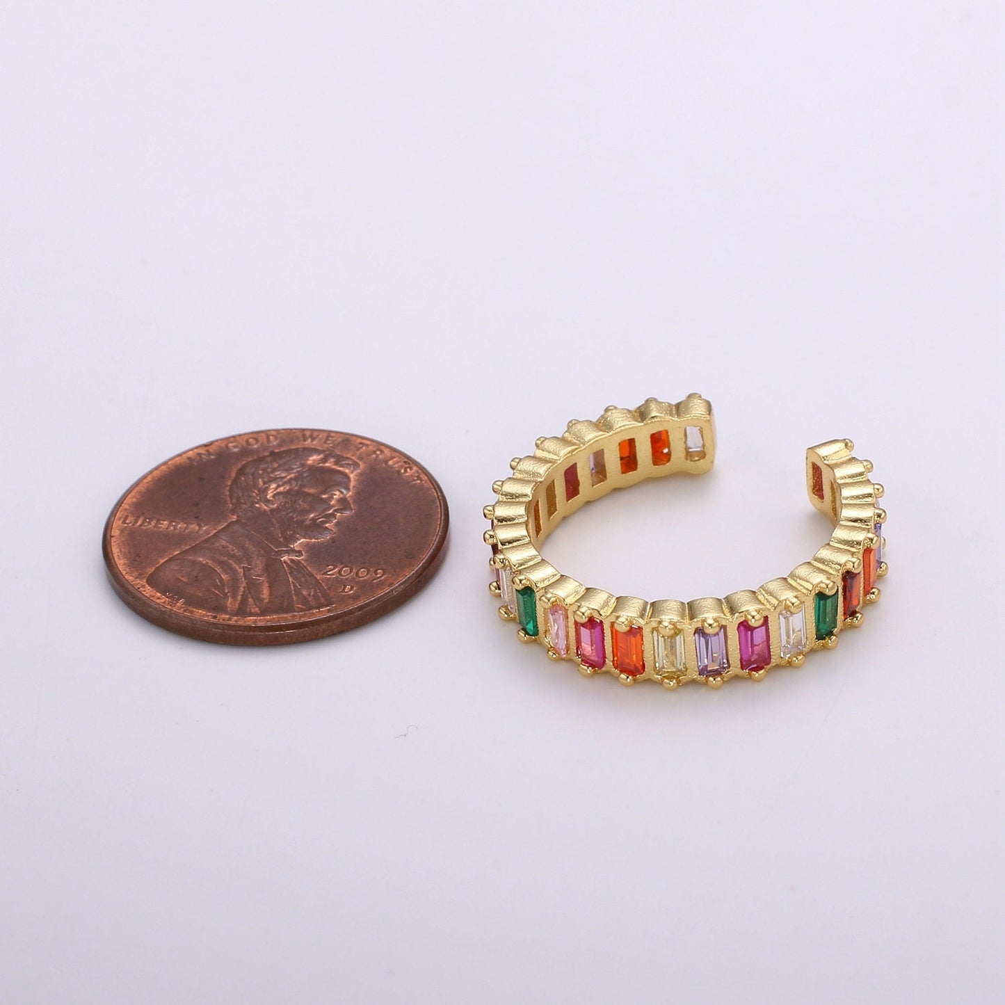 Chunky Rainbow CZ 24k Gold Ring, Adjustable Gold Cubic Open Ring, Baguette Ring, Statement ring Zirconia Ring for DIY Jewelry RING-314