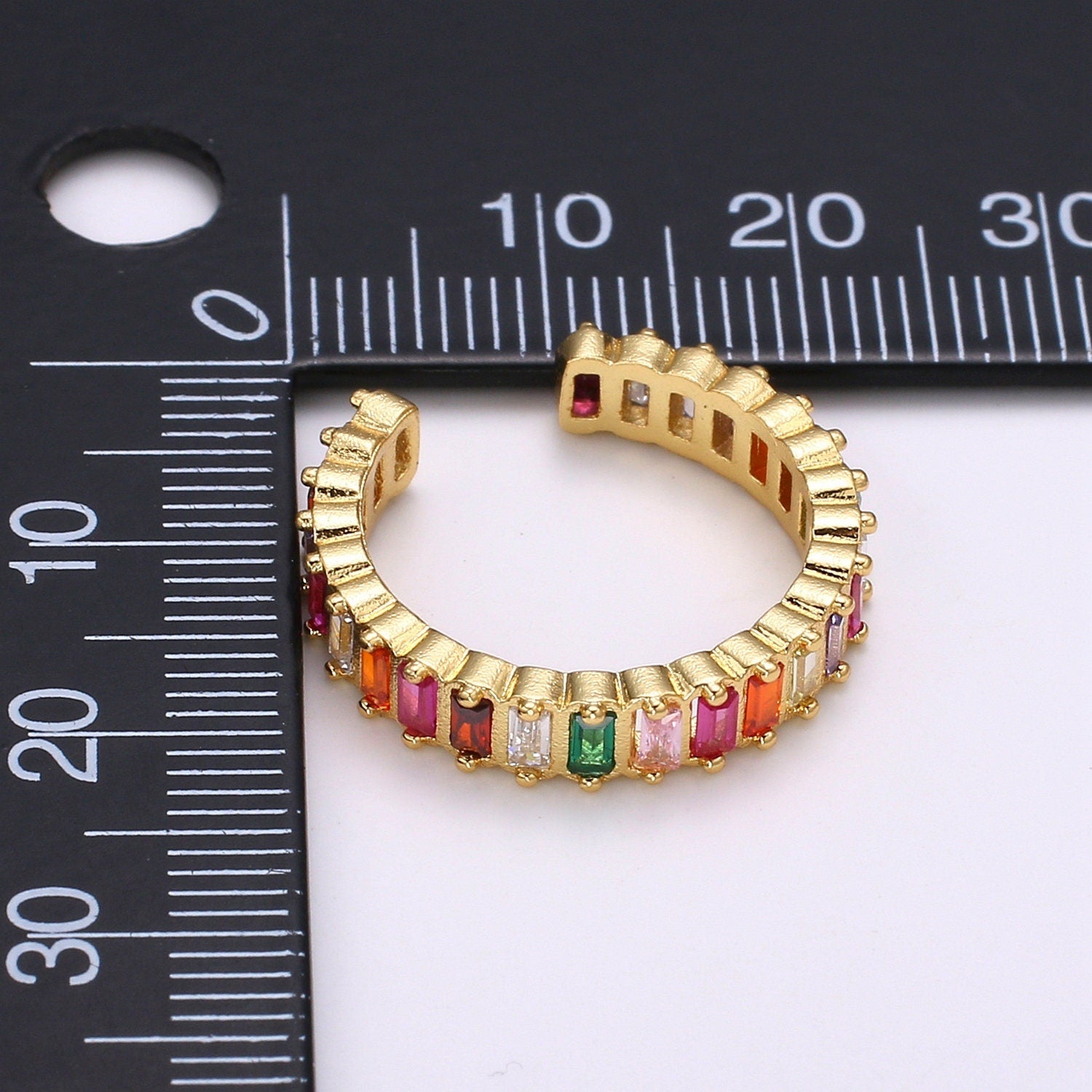 Chunky Rainbow CZ 24k Gold Ring, Adjustable Gold Cubic Open Ring, Baguette Ring, Statement ring Zirconia Ring for DIY Jewelry RING-314