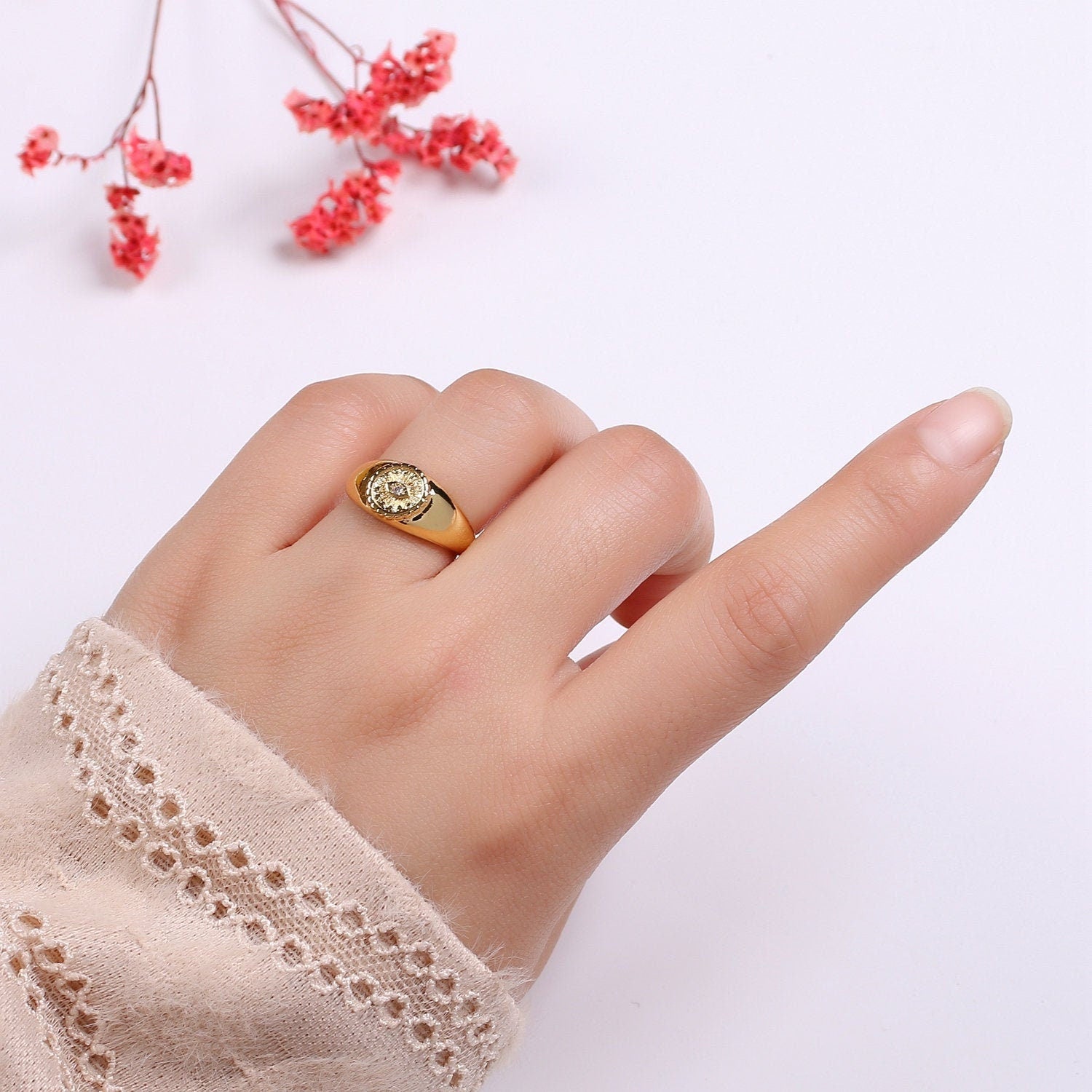 Gold Evil Eye Ring, Sun Burst Evil Eye Charm, Solitaire Clear Cubic Charms, CZ Gold Evil Eye Charm, Sun Burst Jewelry Supply RING-322