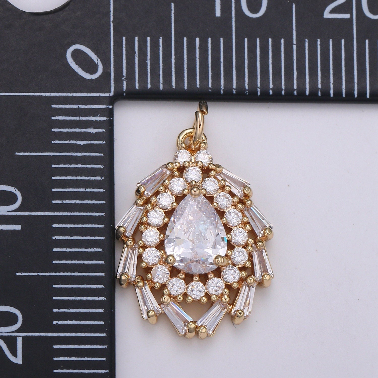 18k Gold Tear drop Pendant, Cluster Cubic Pear Cut Necklace Charm CZ Charm Pendant, Baguette Pendant 