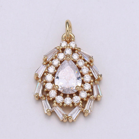 18k Gold Tear drop Pendant, Cluster Cubic Pear Cut Necklace Charm CZ Charm Pendant, Baguette Pendant 