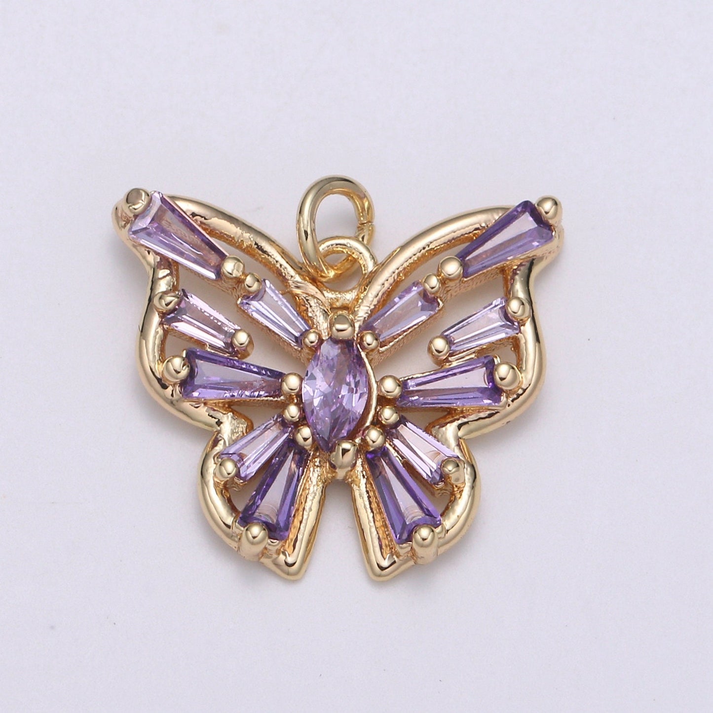 1pc Clear, Pink, Purple Baguette Butterfly 24K Gold  Micro Pave CZ Mariposa Pendant Charm  Pendant,CHGF-2067,2068,2069