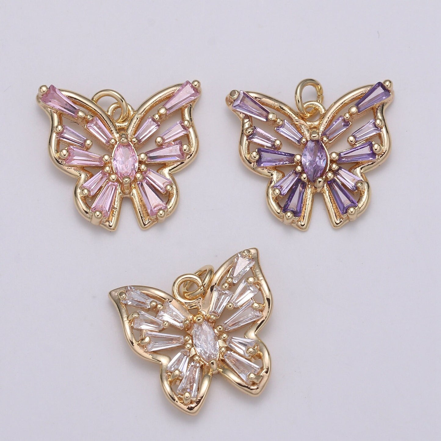 1pc Clear, Pink, Purple Baguette Butterfly 24K Gold  Micro Pave CZ Mariposa Pendant Charm  Pendant,CHGF-2067,2068,2069