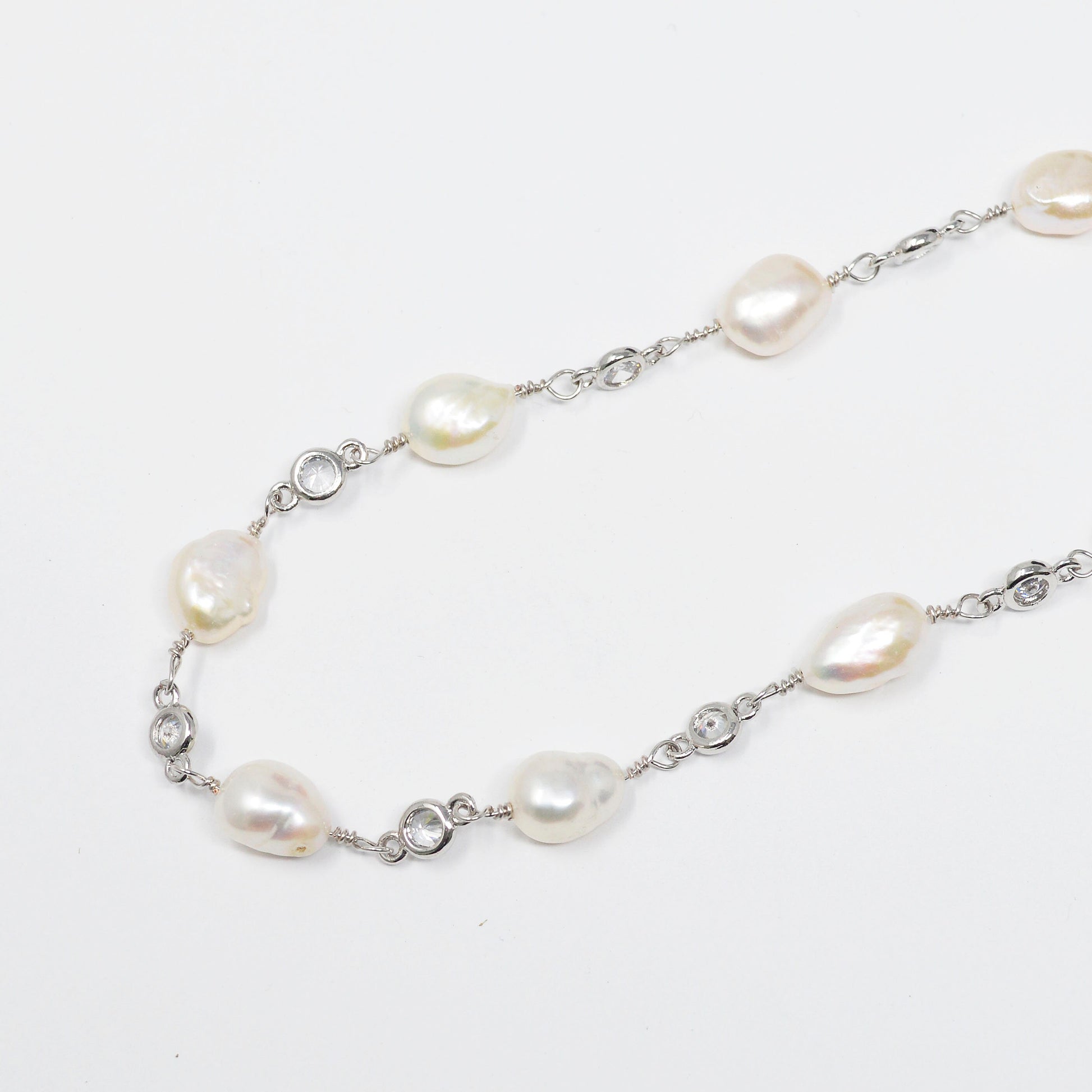 Baroque Mother Pearl 24K White Gold CZ Charm Chain by Yard,Fresh Water Pearl Cubic Chain by Foot, Clear Cubic Zirconia Chain,-431
