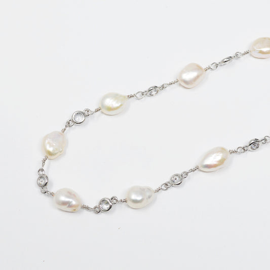Baroque Mother Pearl 24K White Gold CZ Charm Chain by Yard,Fresh Water Pearl Cubic Chain by Foot, Clear Cubic Zirconia Chain,-431
