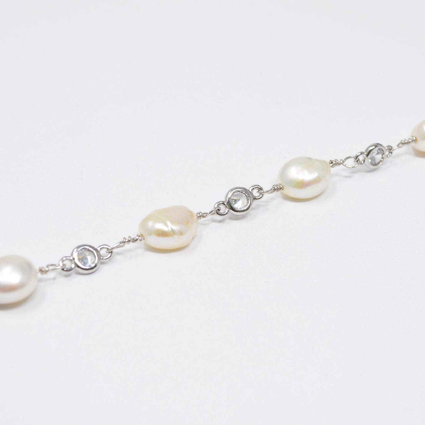Baroque Mother Pearl 24K White Gold CZ Charm Chain by Yard,Fresh Water Pearl Cubic Chain by Foot, Clear Cubic Zirconia Chain,-431