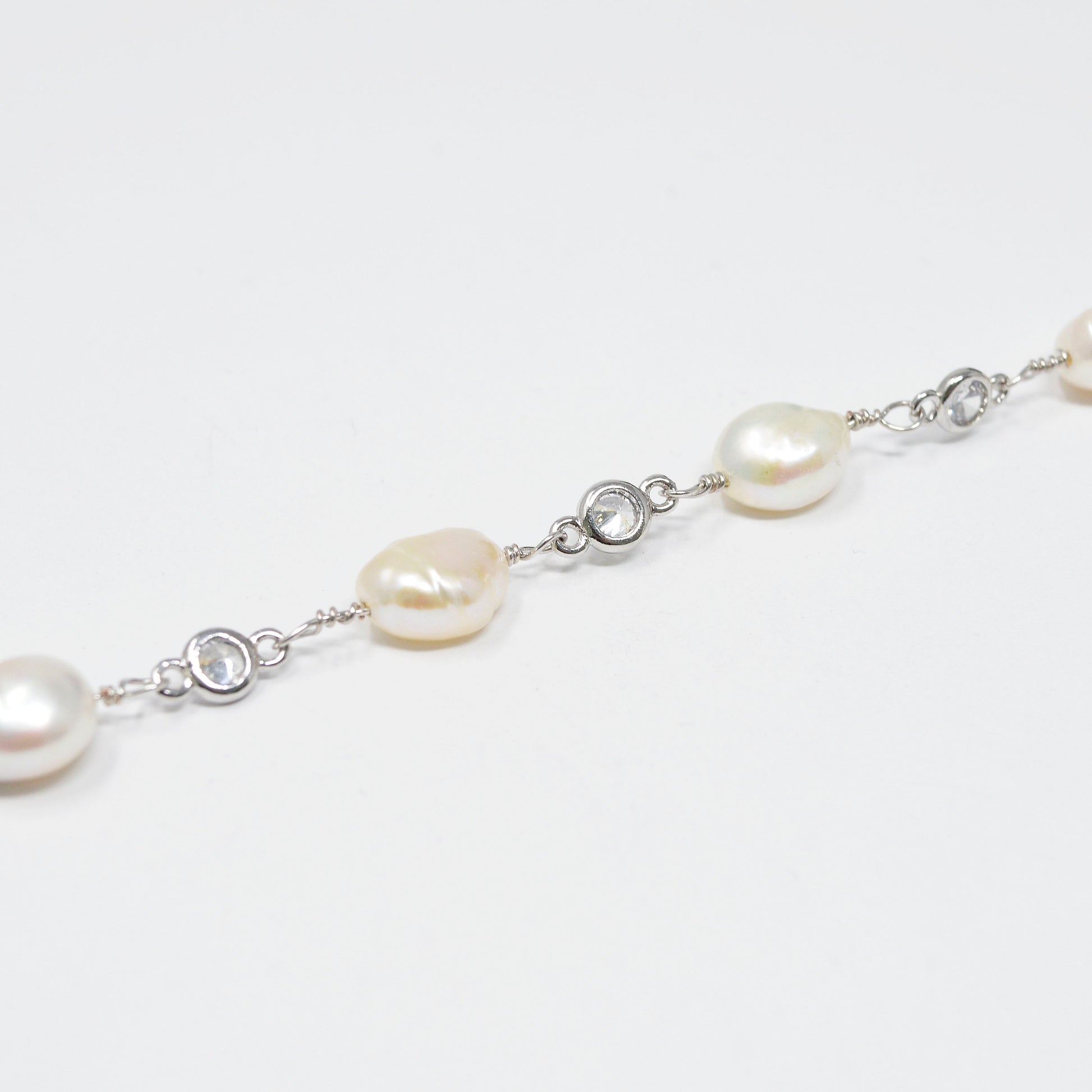 Baroque Mother Pearl 24K White Gold CZ Charm Chain by Yard,Fresh Water Pearl Cubic Chain by Foot, Clear Cubic Zirconia Chain,-431
