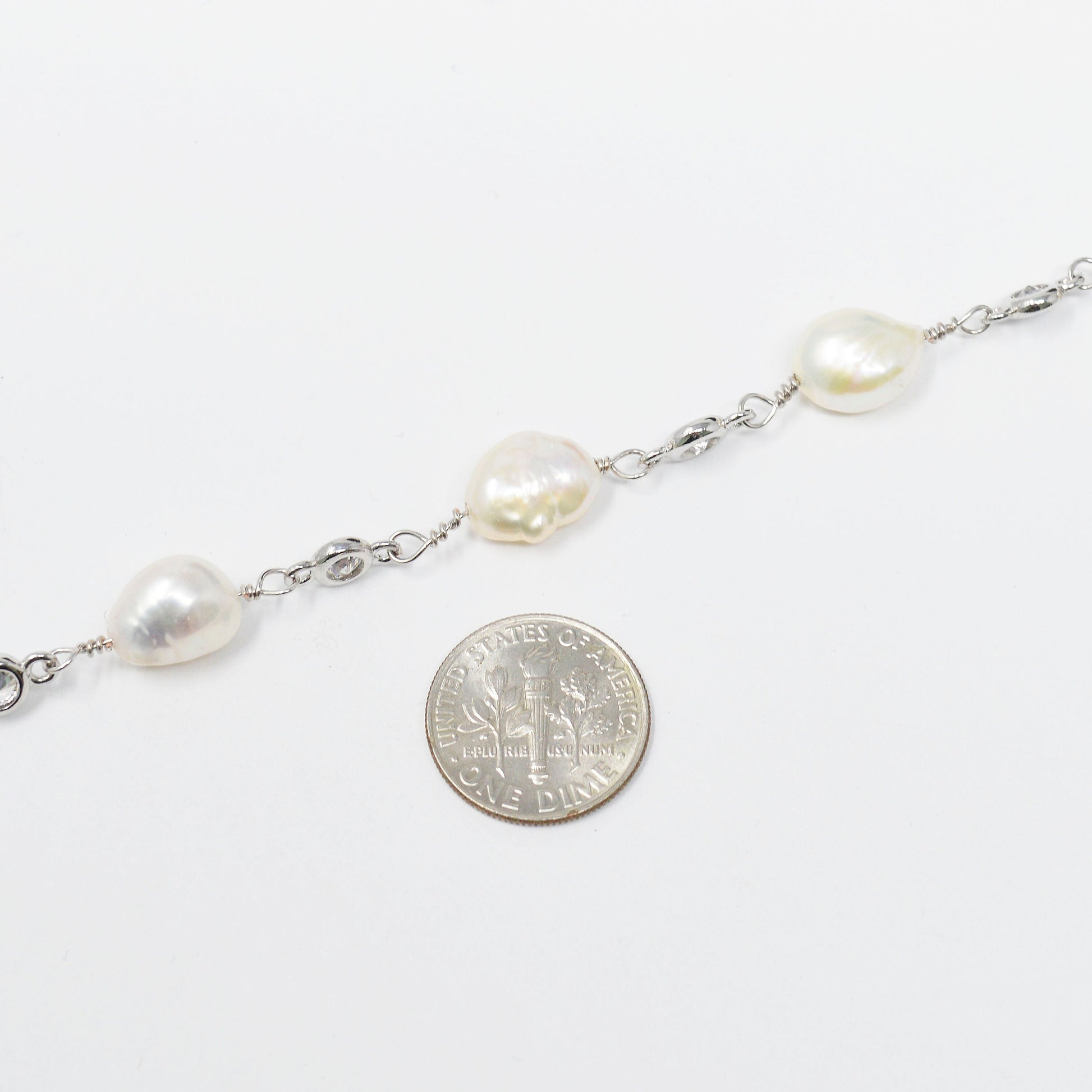 Baroque Mother Pearl 24K White Gold CZ Charm Chain by Yard,Fresh Water Pearl Cubic Chain by Foot, Clear Cubic Zirconia Chain,-431