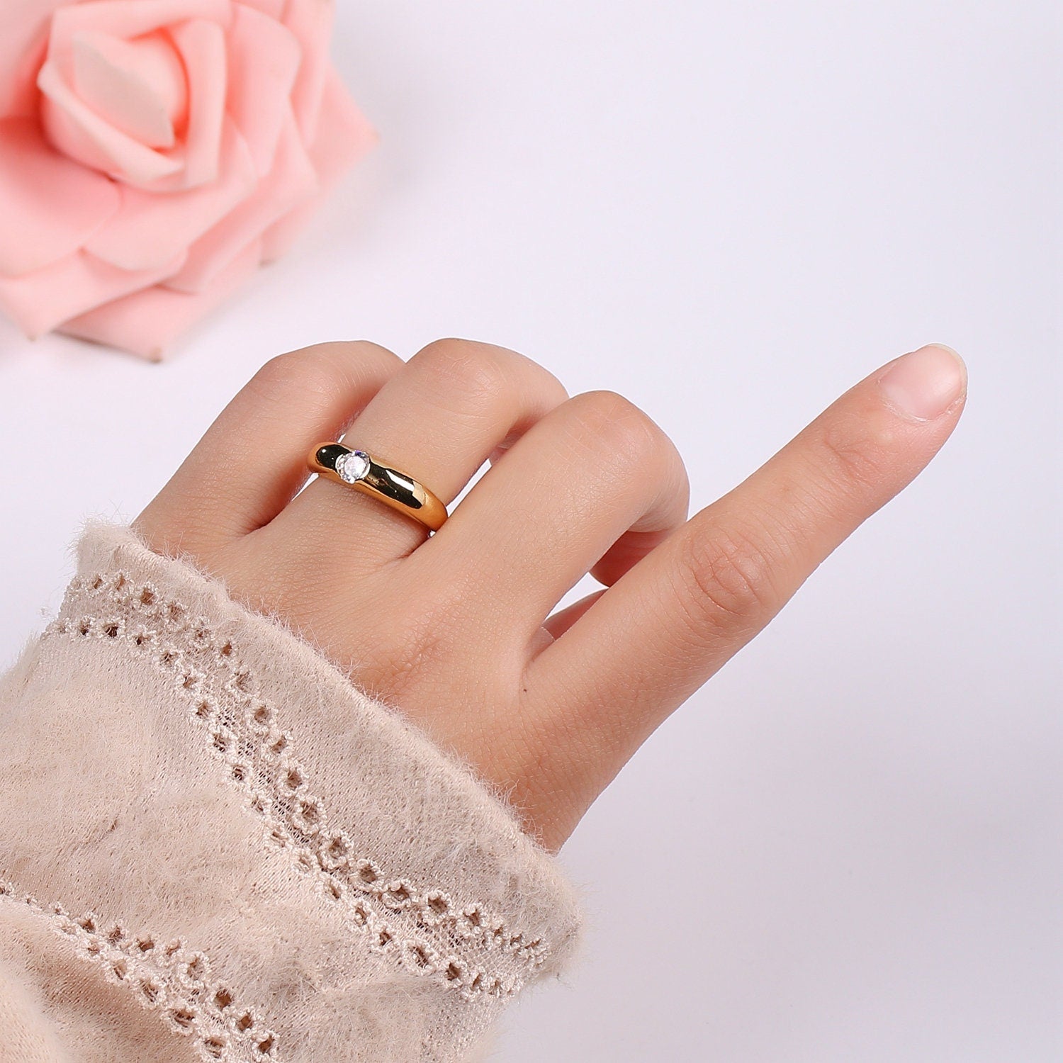 1pc Solitaire Blue,Clear,Red, Green & Teal CZ 24K Gold Ring, Cubic Adjustable Gold Band Ring, Simple Ring, Cubic Zirconia Ring- 360