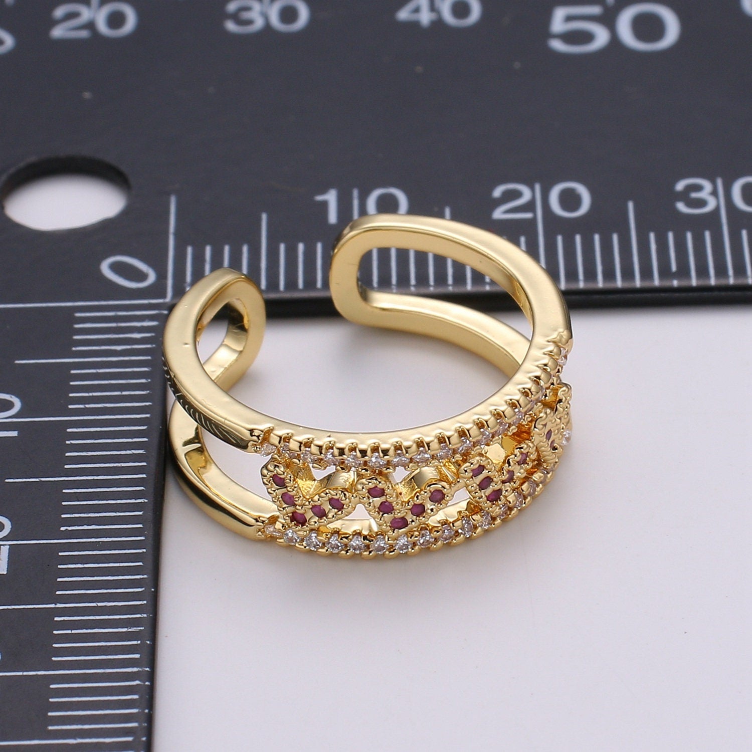 1pc Love of my Heart CZ Pave 24K Gold Ring, Adjustable Gold Curb Ring, Simple double rows of Cubic Ring, Eternity Ring, R-462