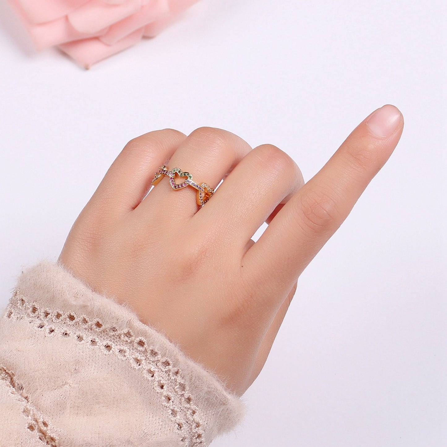 1pc Multi color CZ Love 24K Gold Ring, Heart Cubic Adjustable Gold Curb Ring, Simple Ring, BeautifulCubic Zirconia Ring,R-463