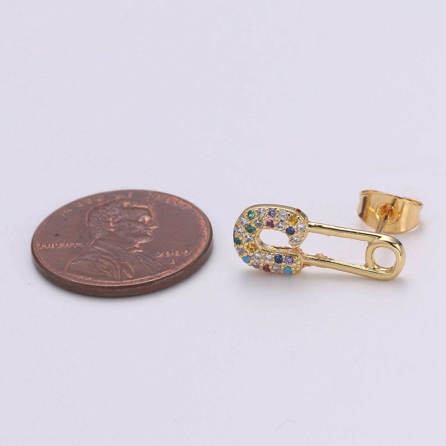 Safety Pin Earring 24K Gold Multi Color Pave Cz Stud Earring, Chunky Stud Design Earring, , EARR-1383