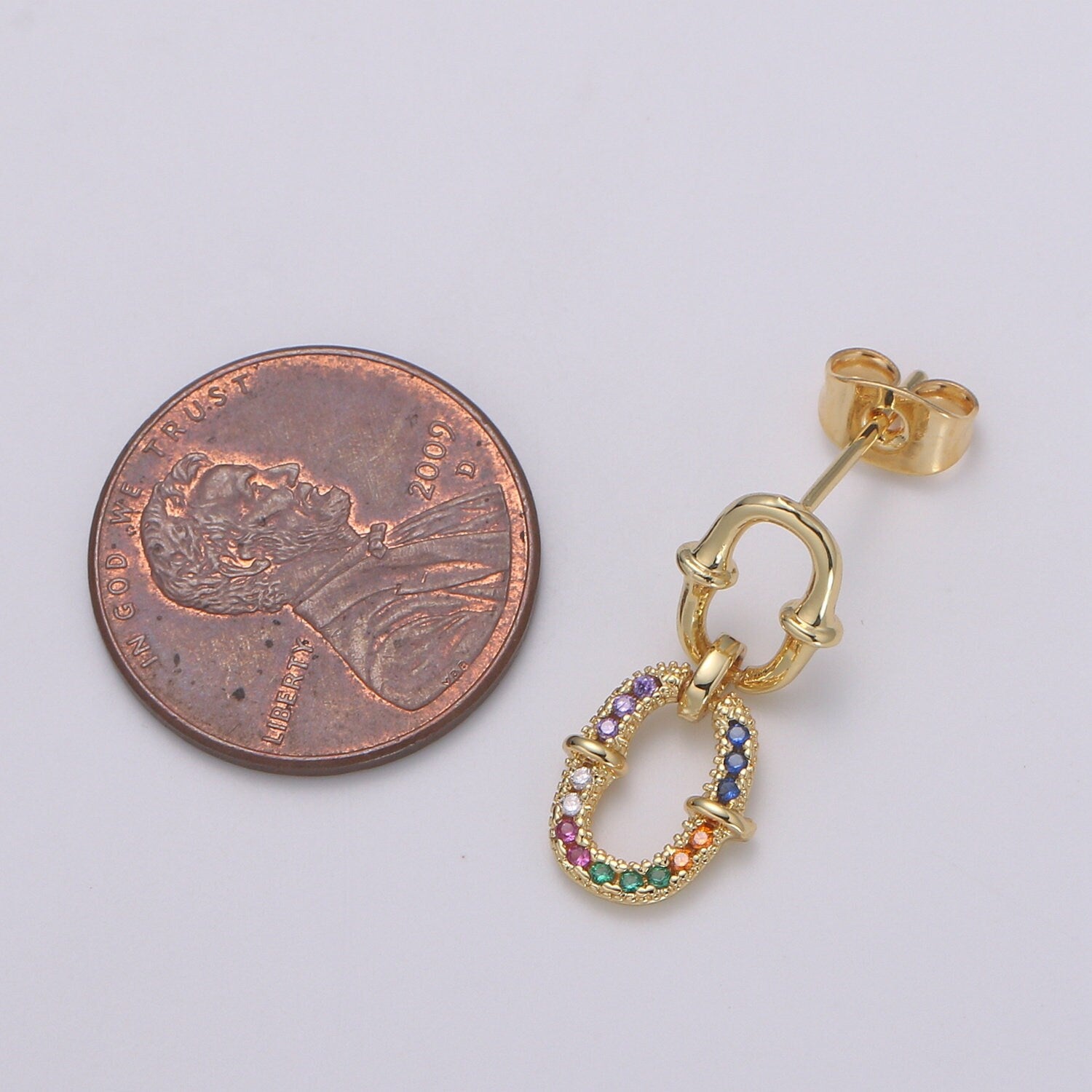 Double Eternity Design 24K Gold Multi Color Pave Cz Stud Earring, Simplicity Rolo Metro Design Earring, , Q-540